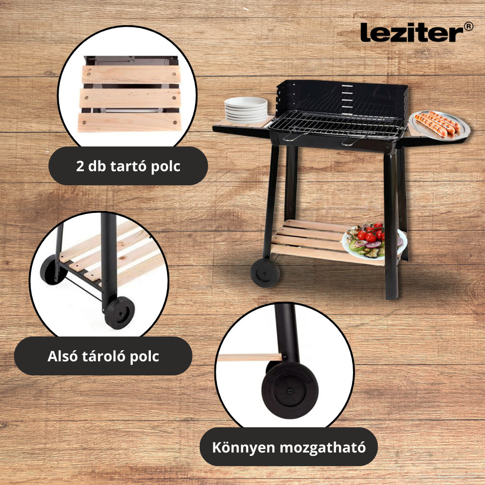 Grătar pe cărbune Leziter dreptunghiular cu roți și polițe din lemn, 49x28 cm