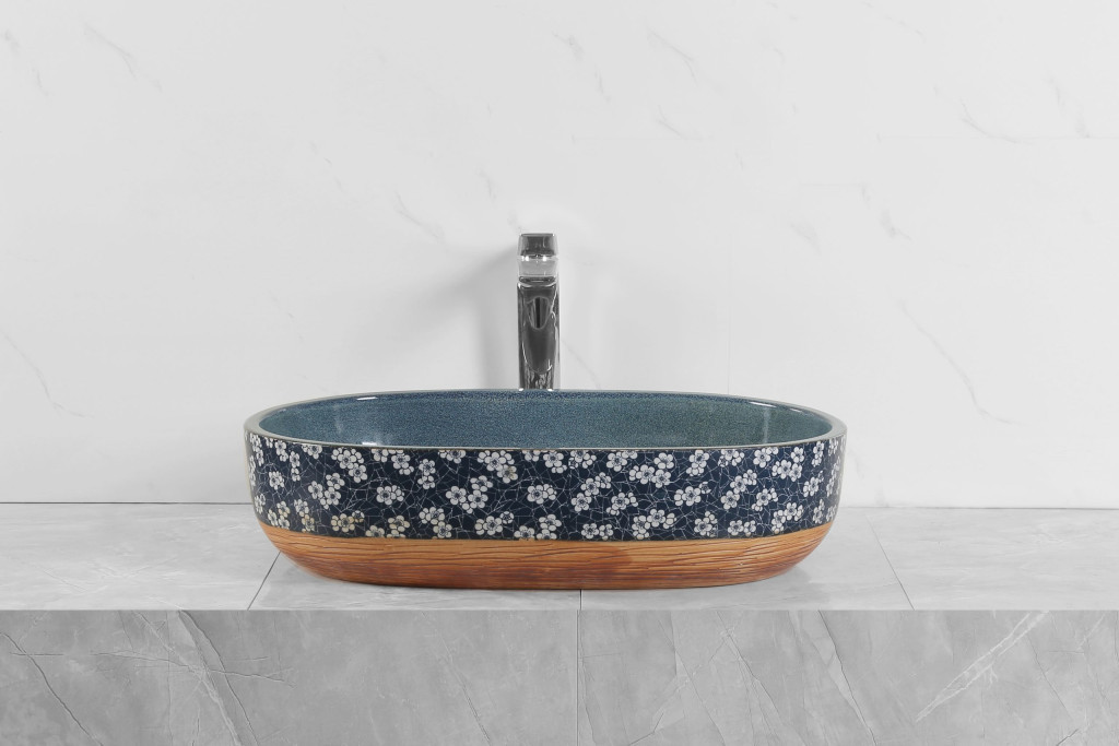 Chiuvetă pe blat Kerra KR-374 din ceramică premium, model floral albastru