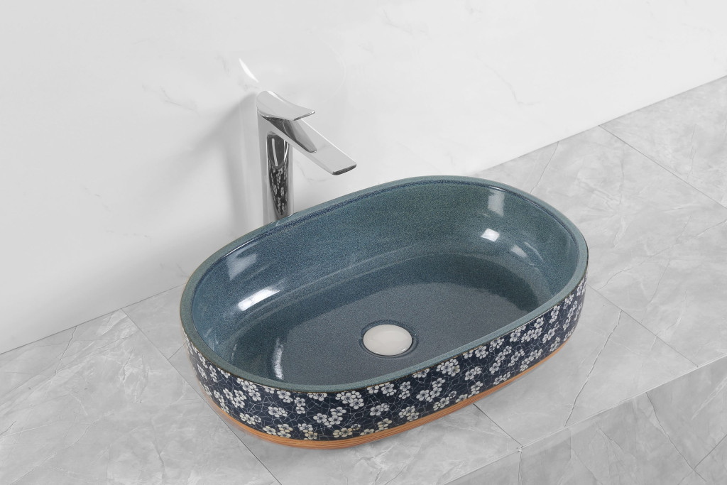 Chiuvetă pe blat Kerra KR-374 din ceramică premium, model floral albastru