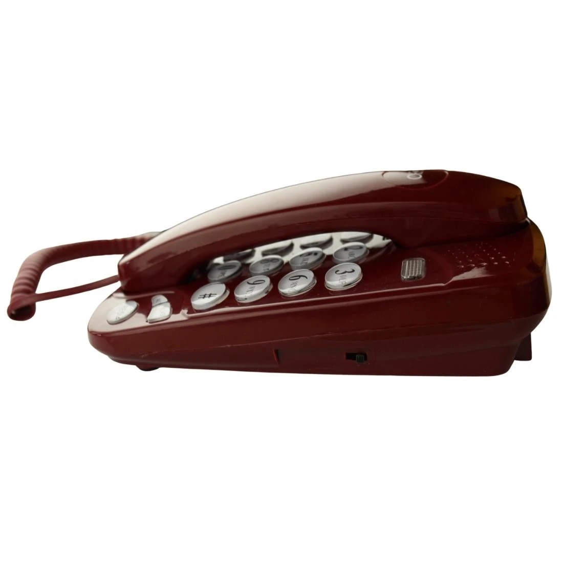 Telefon fix cu fir montabil pe perete, tastatura iluminata, redial, mute, visiniu