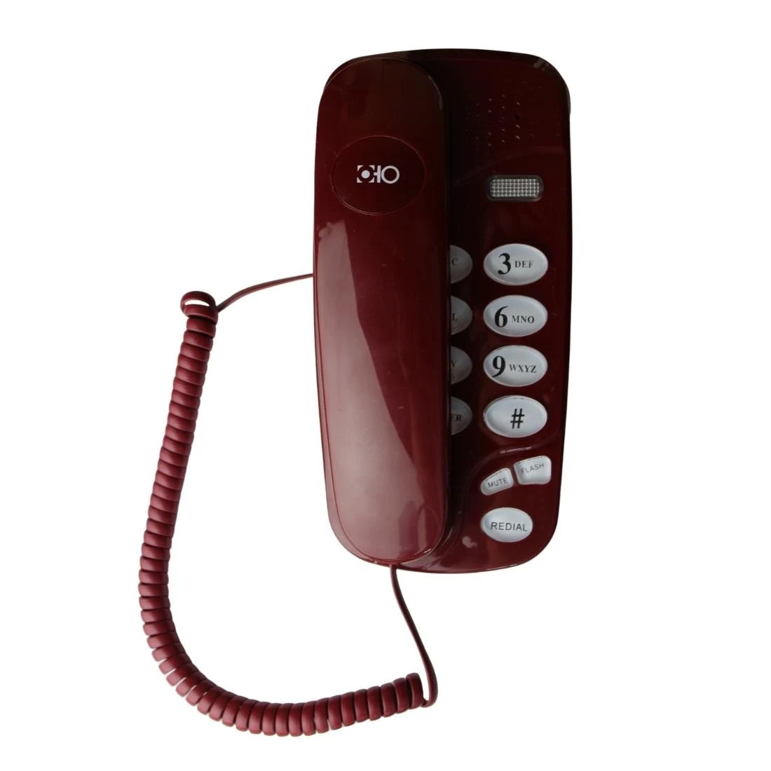 Telefon fix cu fir montabil pe perete, tastatura iluminata, redial, mute, visiniu