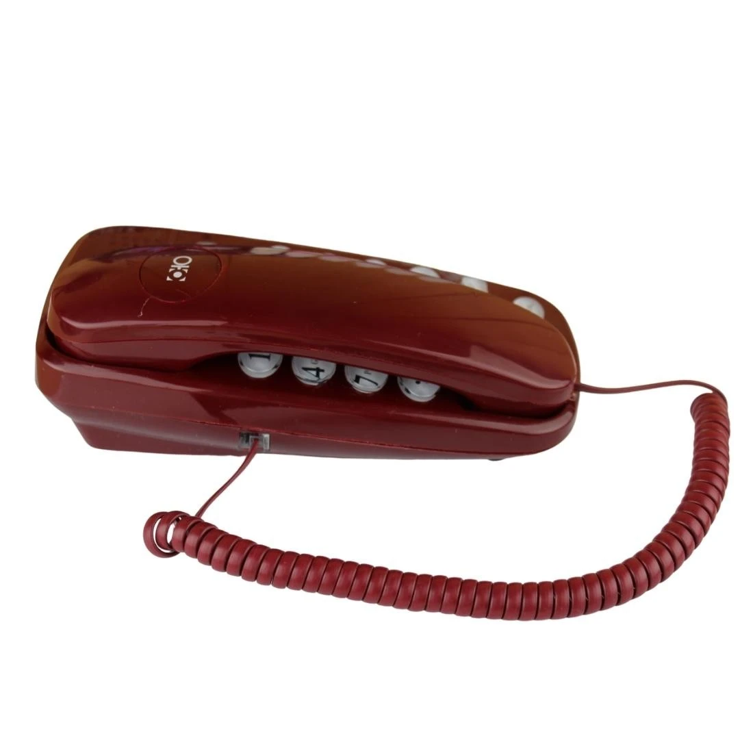 Telefon fix cu fir montabil pe perete, tastatura iluminata, redial, mute, visiniu