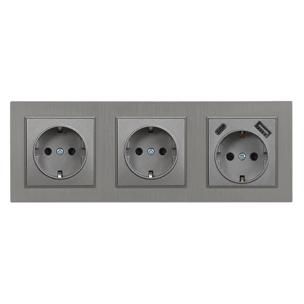 Priză dublă Leziter Nova III cu împământare, USB-A/USB-C și ramă gri