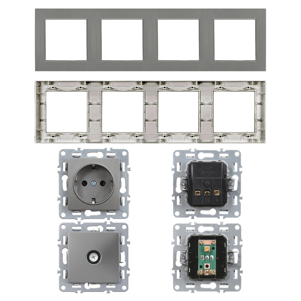 Priză combo Leziter Nova IV cu 2 prize Schuko și 2 prize TV, cadru gri