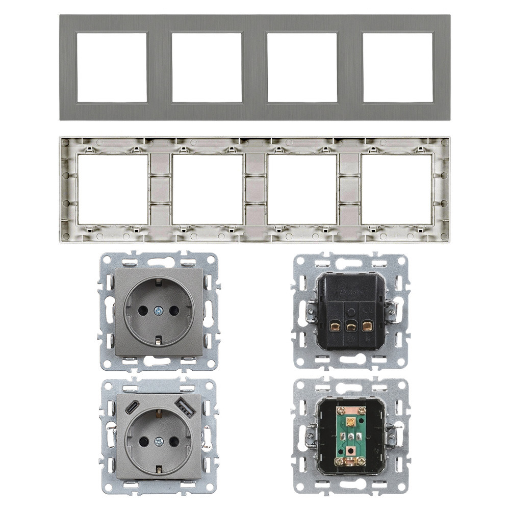 Priză dublă Leziter Nova IV cu împământare și USB-A/USB-C, ramă gri