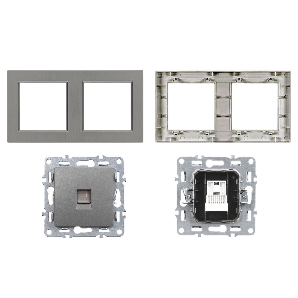 Priză dublă UTP RJ45 Leziter Nova cu cadru gri, montaj încastrat