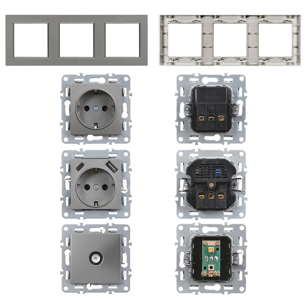 Set priză 3 în 1 Leziter Nova: împământare + USB-A/USB-C + TV, gri