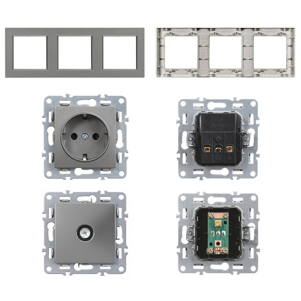 Priză dublă cu împământare și priză TV RF Leziter Nova III, cadru gri