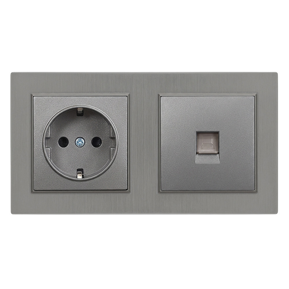 Priză Leziter Nova 2 module: 16A cu împământare + UTP RJ45, cadru gri