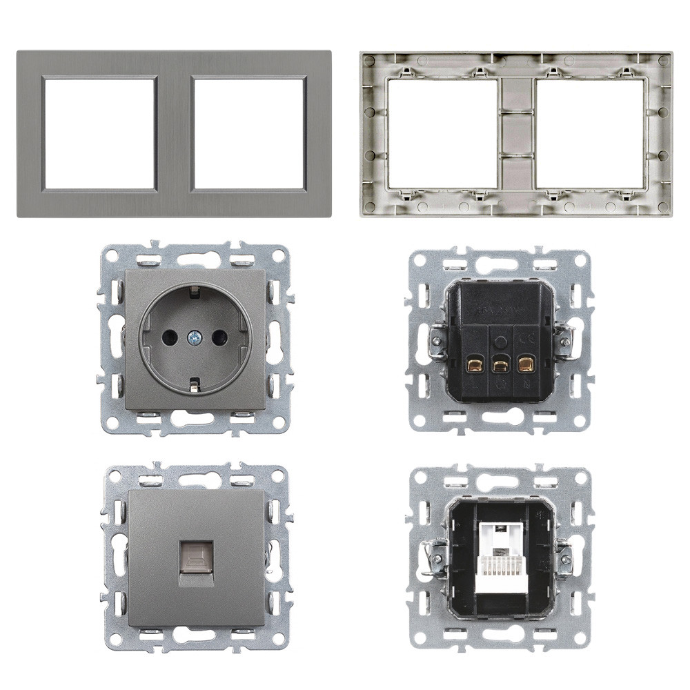 Priză Leziter Nova 2 module: 16A cu împământare + UTP RJ45, cadru gri