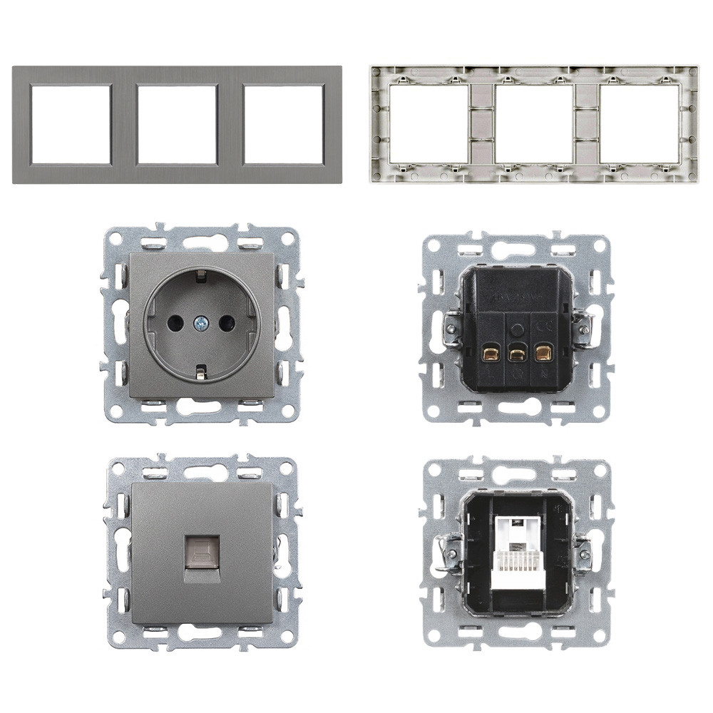 Priză dublă cu împământare + conector UTP RJ45 Leziter Nova III, gri