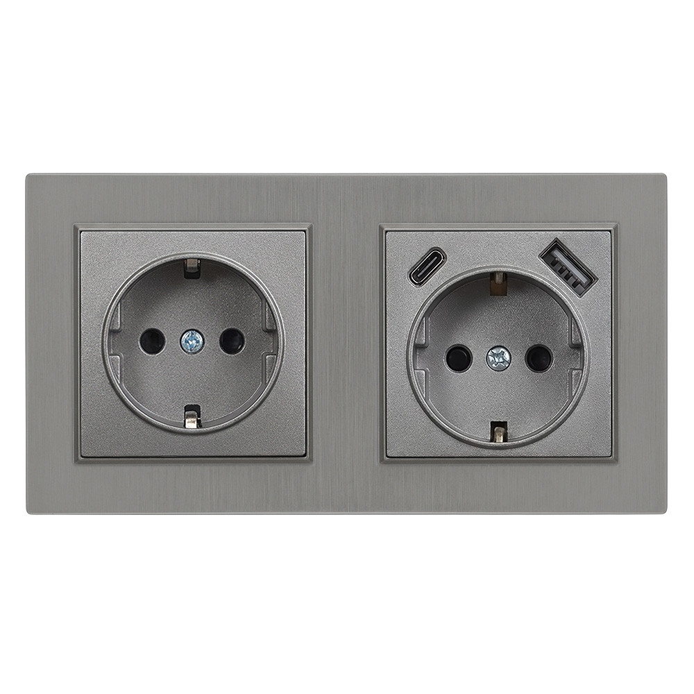 Priză Leziter Nova 16A cu împământare, USB-A/USB-C, cadru gri