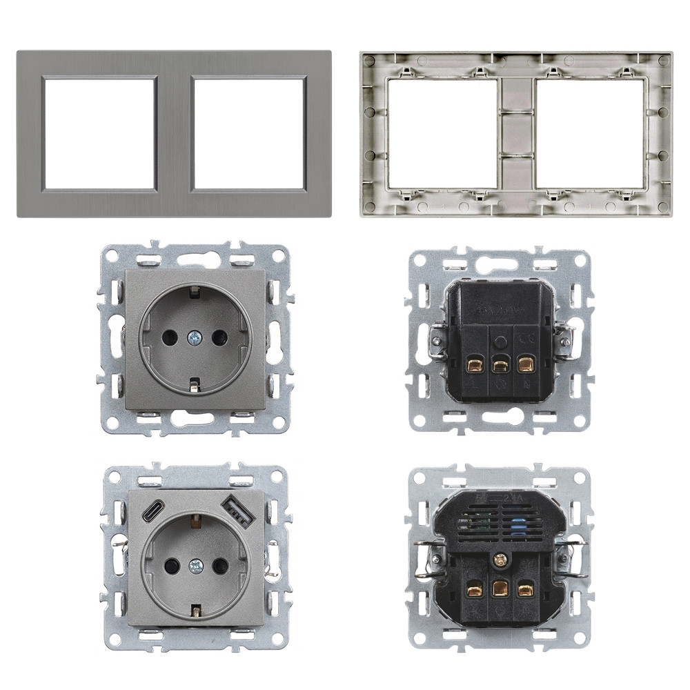 Priză Leziter Nova 16A cu împământare, USB-A/USB-C, cadru gri