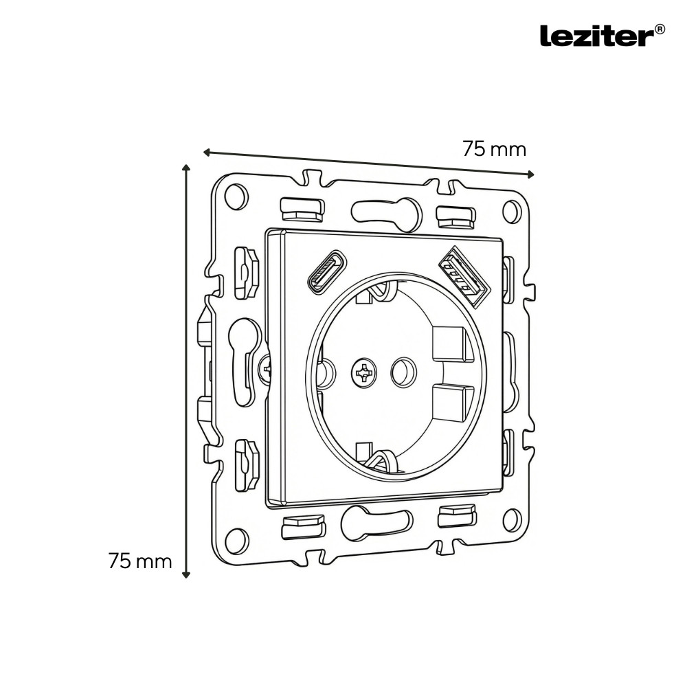 Priză Leziter Nova 16A cu împământare, USB-A/USB-C, cadru gri