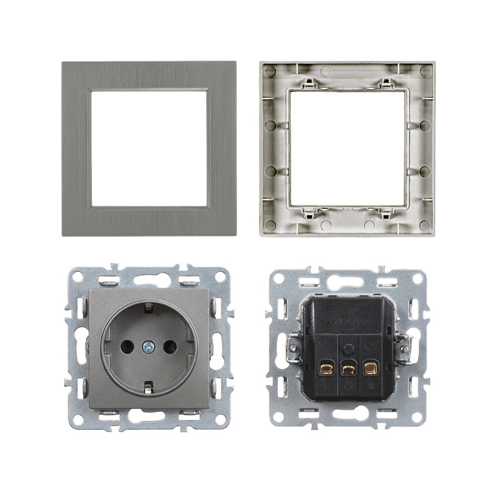 Priză Schuko cu împământare Leziter Nova 16A 250V, cadru gri, montaj încastrat