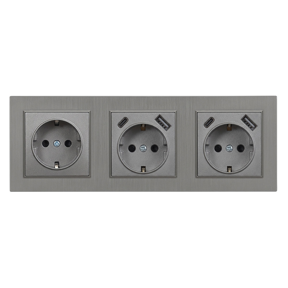 Priză Leziter Nova III cu împământare, USB-A + USB-C, cadru gri