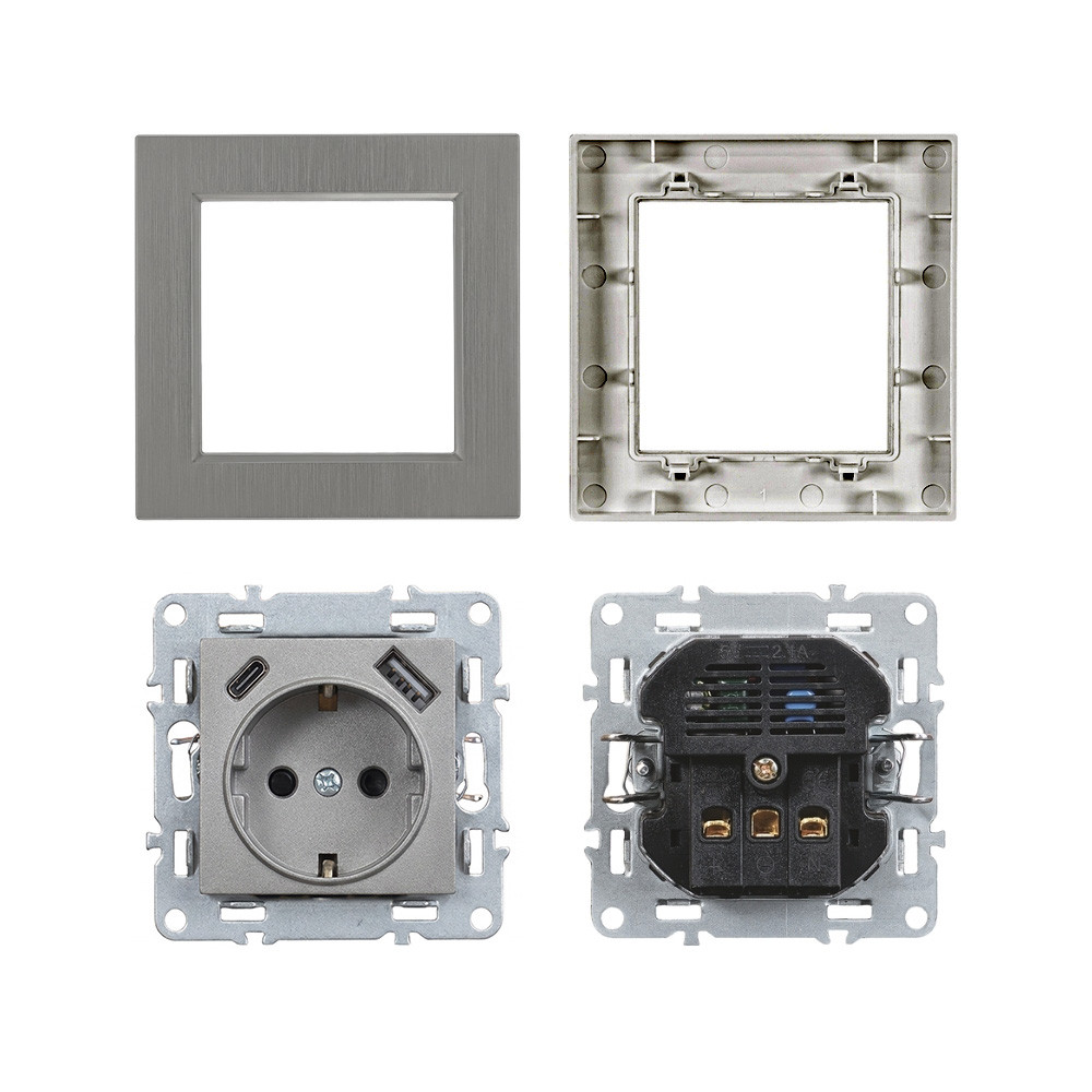 Priză Leziter Nova cu împământare, USB-A + USB-C 2A, cadru gri