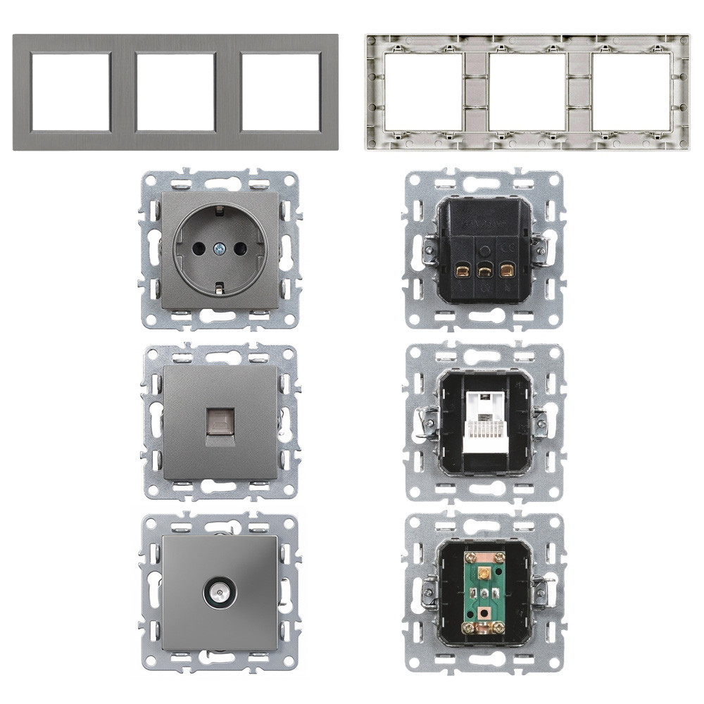 Priză triplă Nova Leziter 230V cu împământare + UTP RJ45 + TV, cadru gri