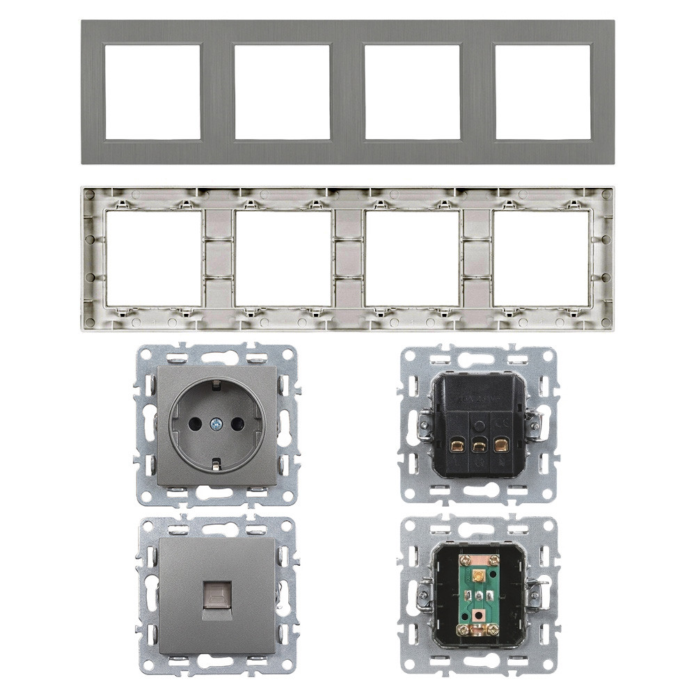 Priză triplă cu împământare Nova IV cu conector RJ45 UTP, gri