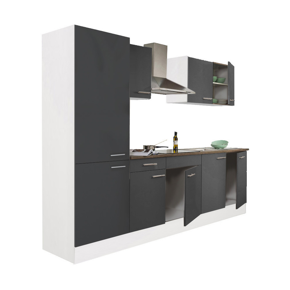 Mobilă de bucătărie Leziter Yorki 270 cm, alb cu front antracit satinat, dulap cu raft