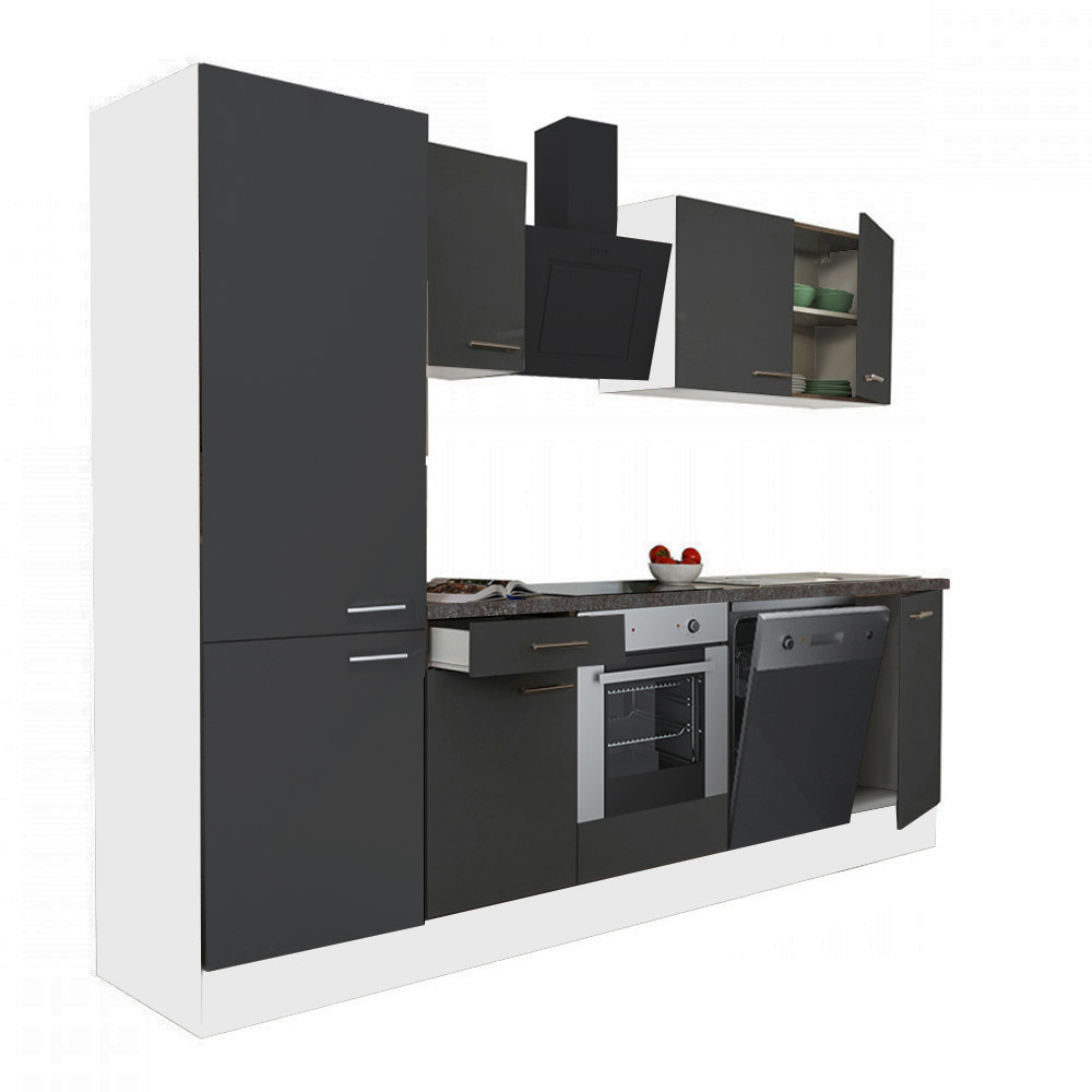 Bucătărie modulară Leziter Yorki 280 cm, alb cu fronturi antracit satinat, corp cuptor