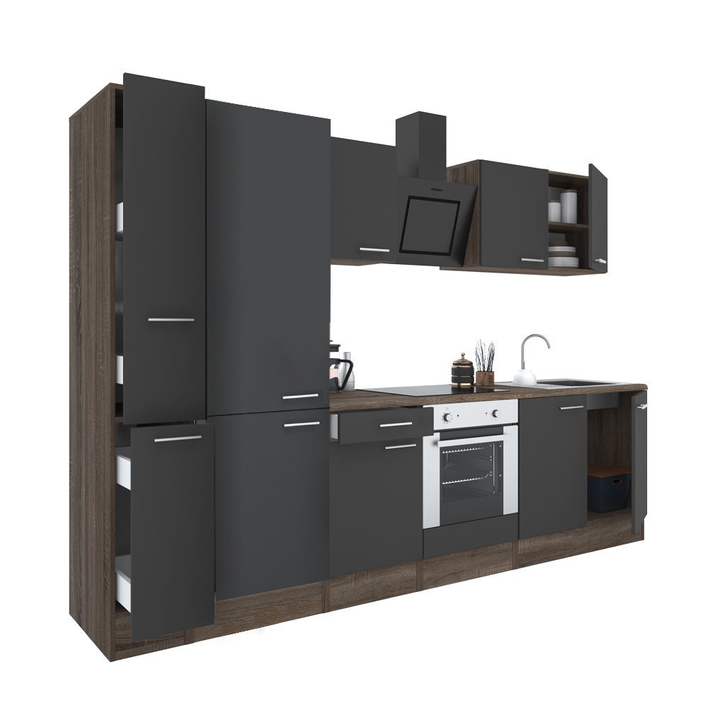 Mobilă de bucătărie Leziter Yorki 300 cm, stejar Yorki/antracit, corp cuptor + dulap rafturi