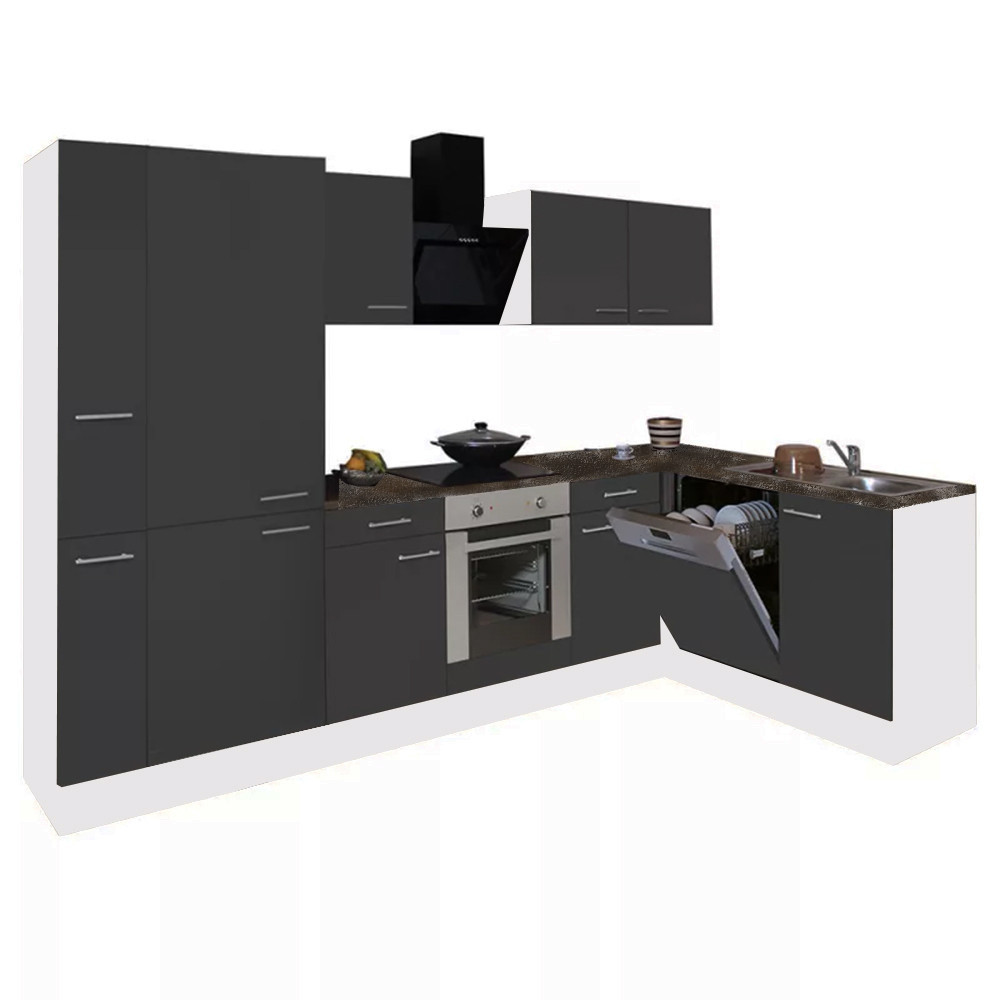 Mobilă de bucătărie de colț Leziter Yorki 310 cm, alb cu antracit satinat, cu corp cuptor și dulap cu raft