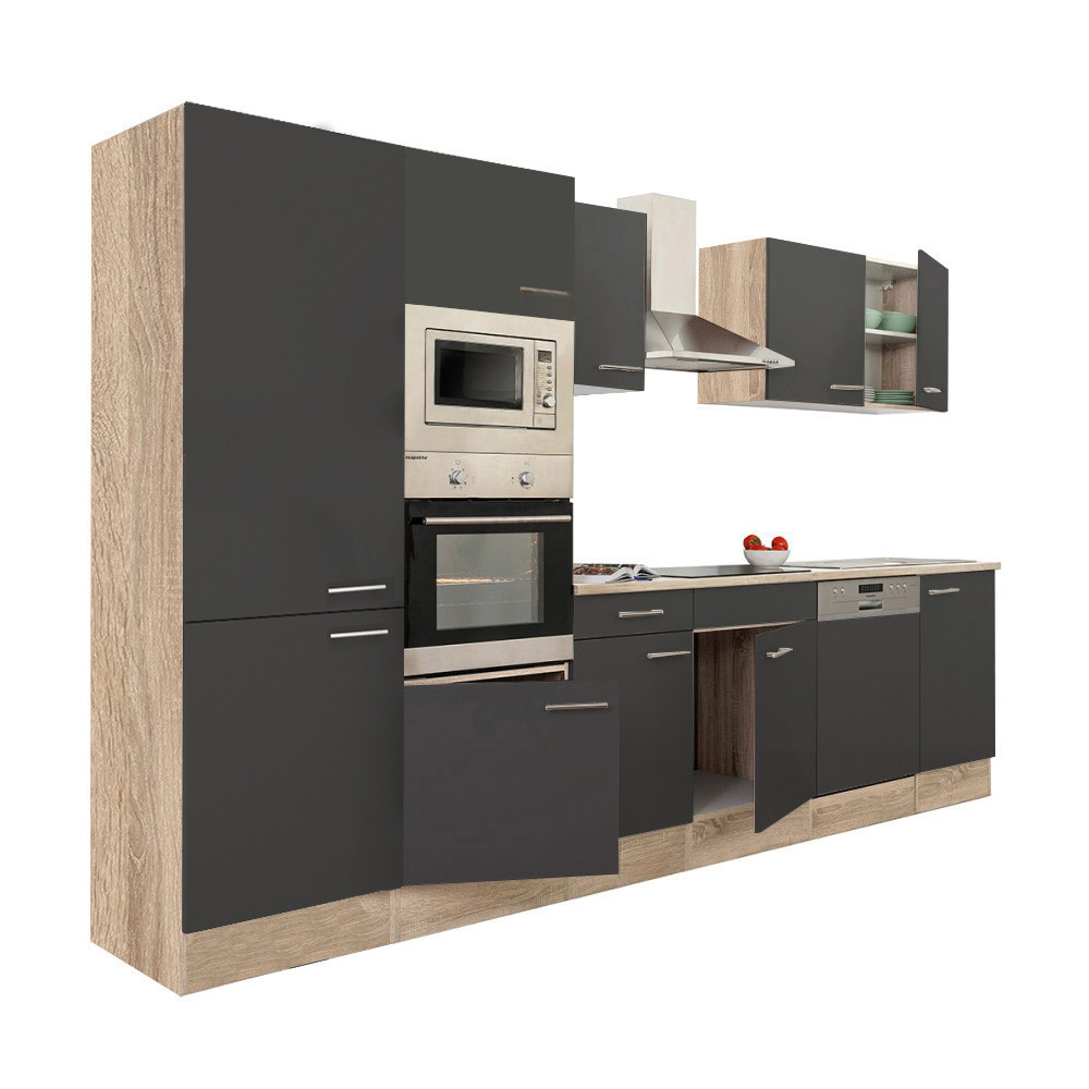 Mobilă de bucătărie Leziter Yorki 340 cm, stejar sonoma & antracit satinat, cu dulap cu raft