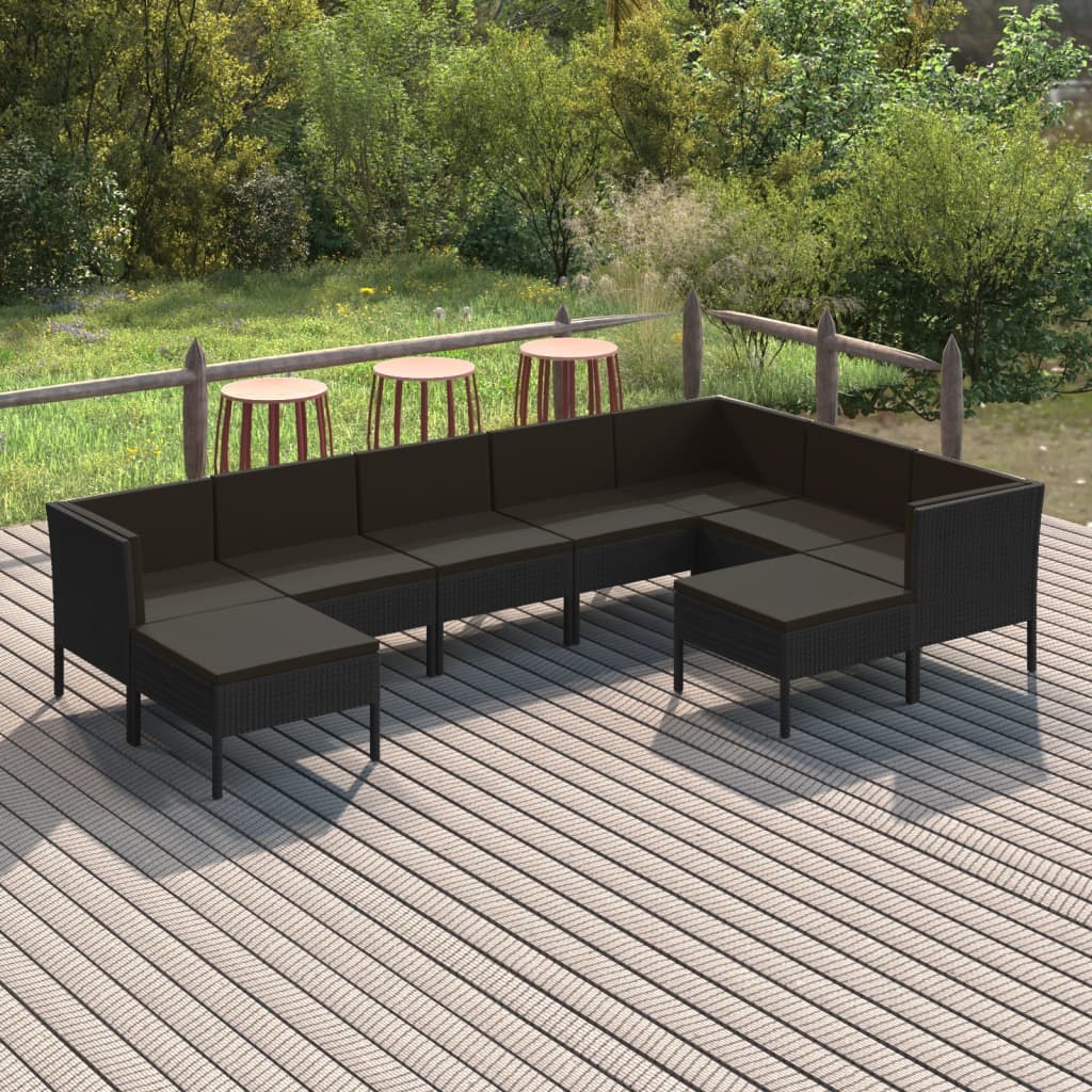 Set mobilier de grădină cu perne, 9 piese, negru, poliratan GartenMobel Dekor
