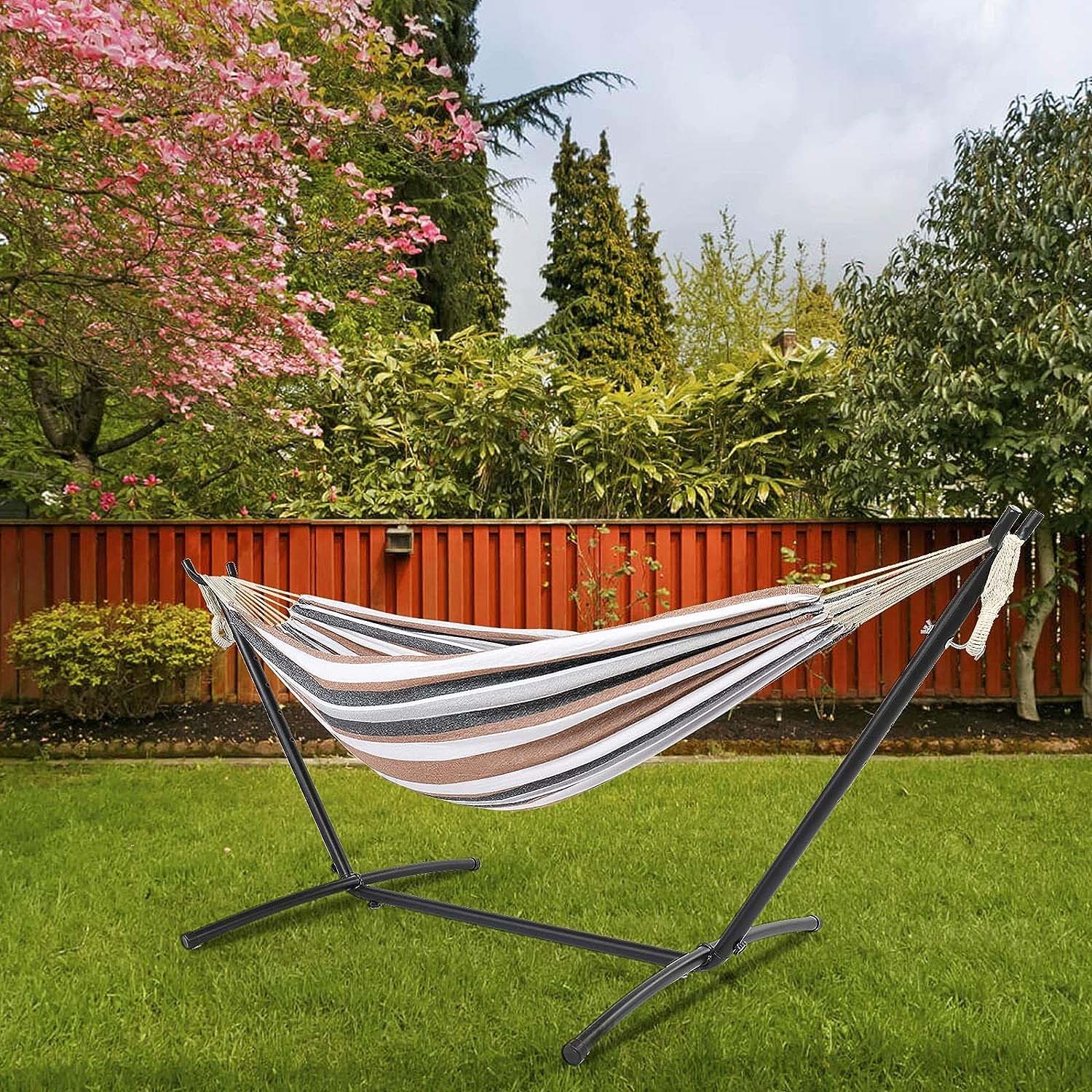 Hamac dublu cu suport metalic reglabil, 150 kg, cu husa, 270x100x100 cm