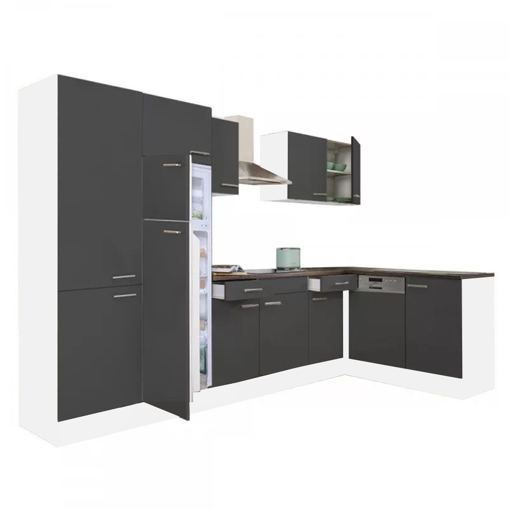 Dulap de bucătărie de colț Leziter Yorki 340, alb/antracit satinat, cu rafturi