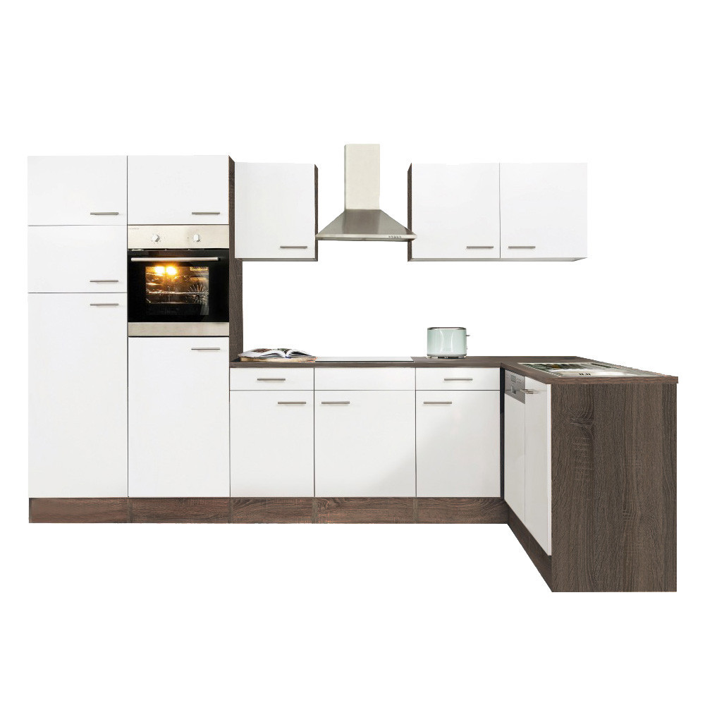 Mobilă de bucătărie de colț Leziter Yorki 340 cm, stejar Yorki și alb satinat