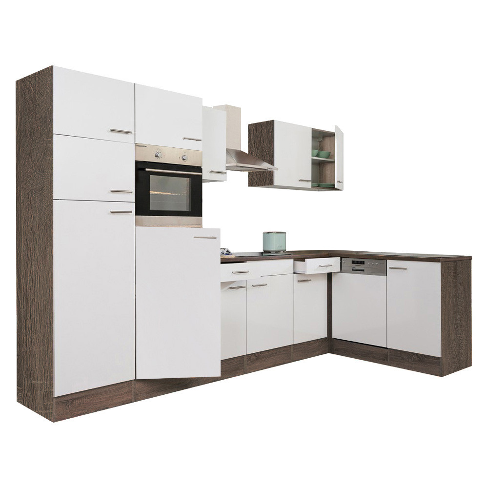 Mobilă de bucătărie de colț Leziter Yorki 340 cm, stejar Yorki și alb satinat