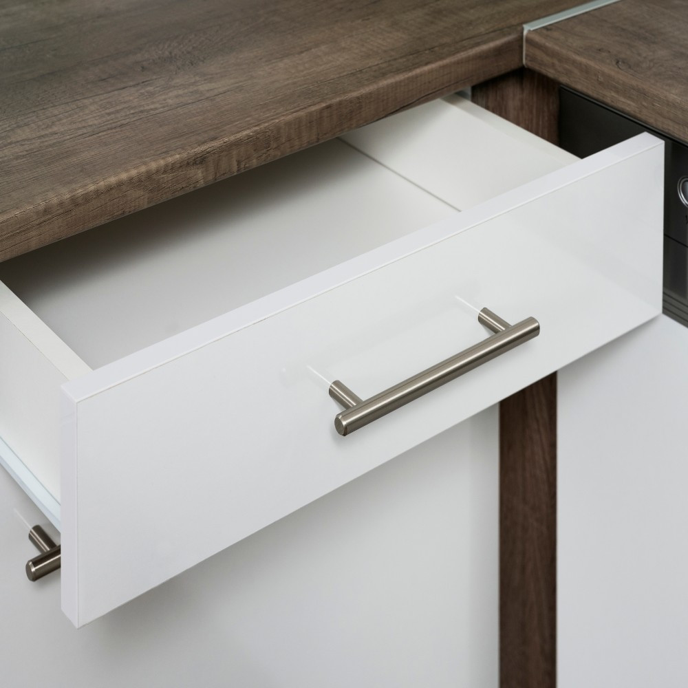 Mobilă de bucătărie de colț Leziter Yorki 340 cm, stejar Yorki și alb satinat