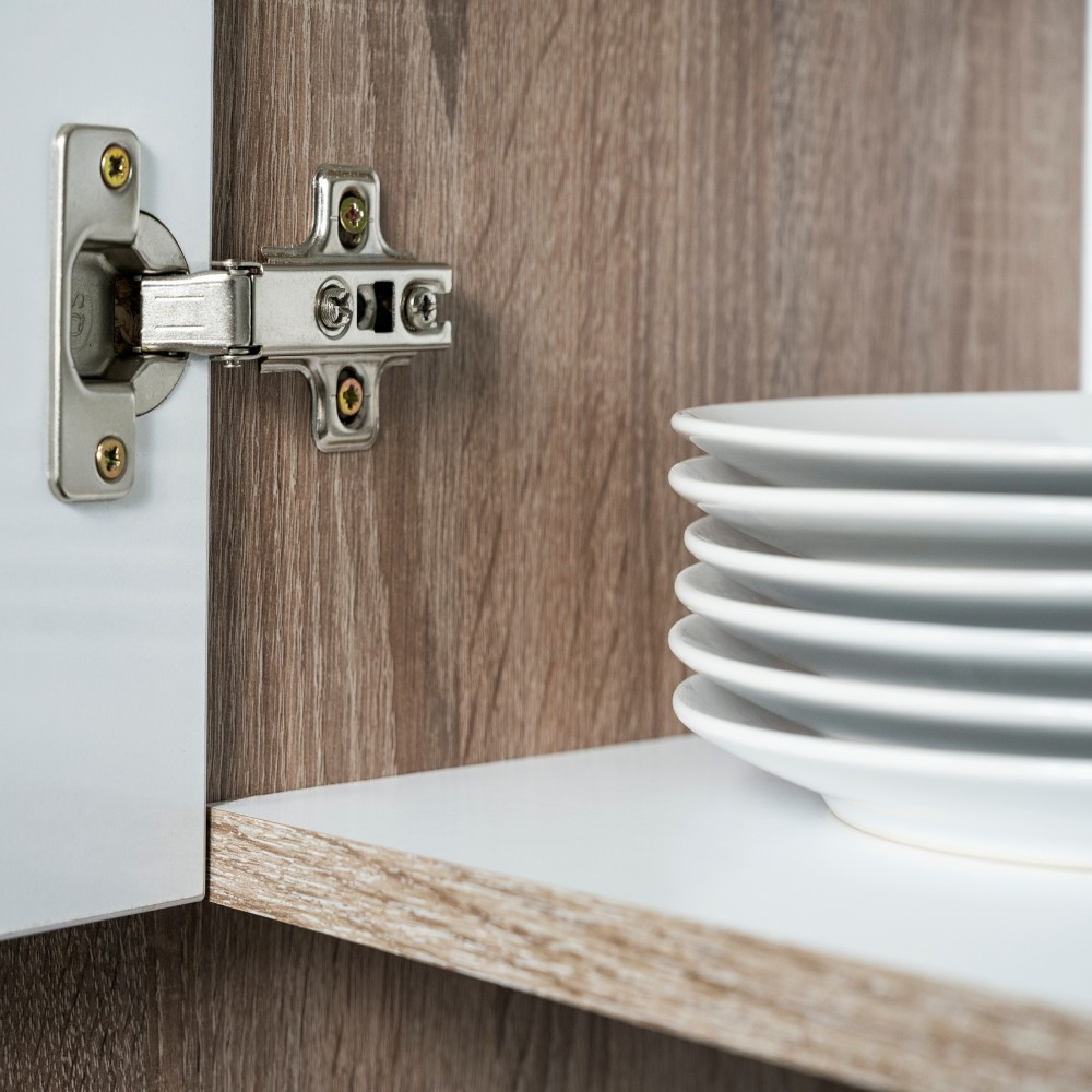 Mobilă de bucătărie de colț Leziter Yorki 340 cm, stejar Yorki și alb satinat