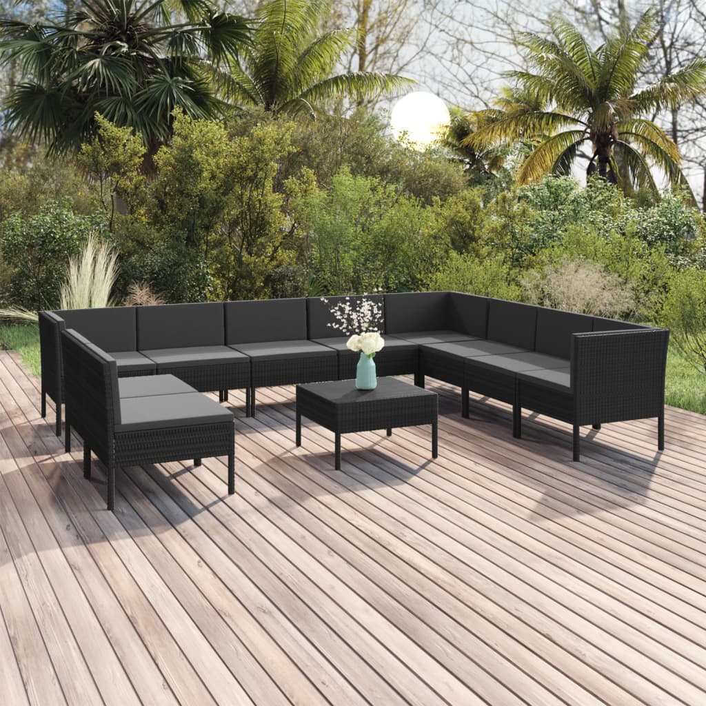 Set mobilier de grădină cu perne, 11 piese, negru, poliratan GartenMobel Dekor