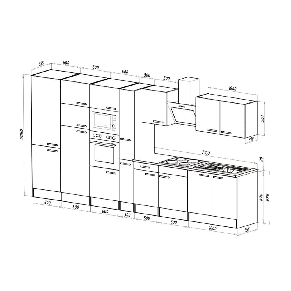 Mobilă de bucătărie modulară Leziter Yorki 420 cm, alb satinat, cu dulap pentru frigider