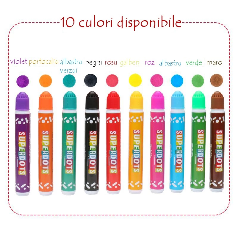Set 10 carioci Dot Markers lavabile, 10 culori, vârf burete 1 cm (Procart)