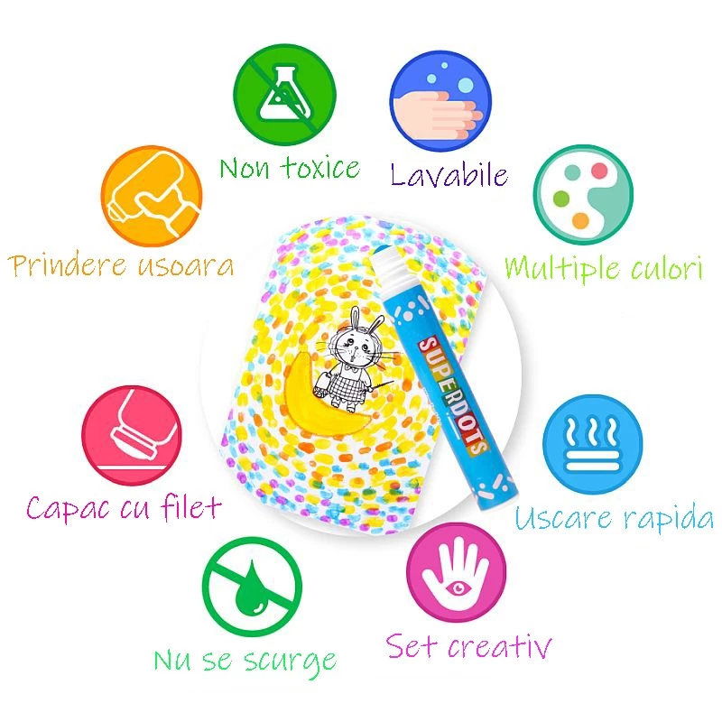 Set 10 carioci Dot Markers lavabile, 10 culori, vârf burete 1 cm (Procart)