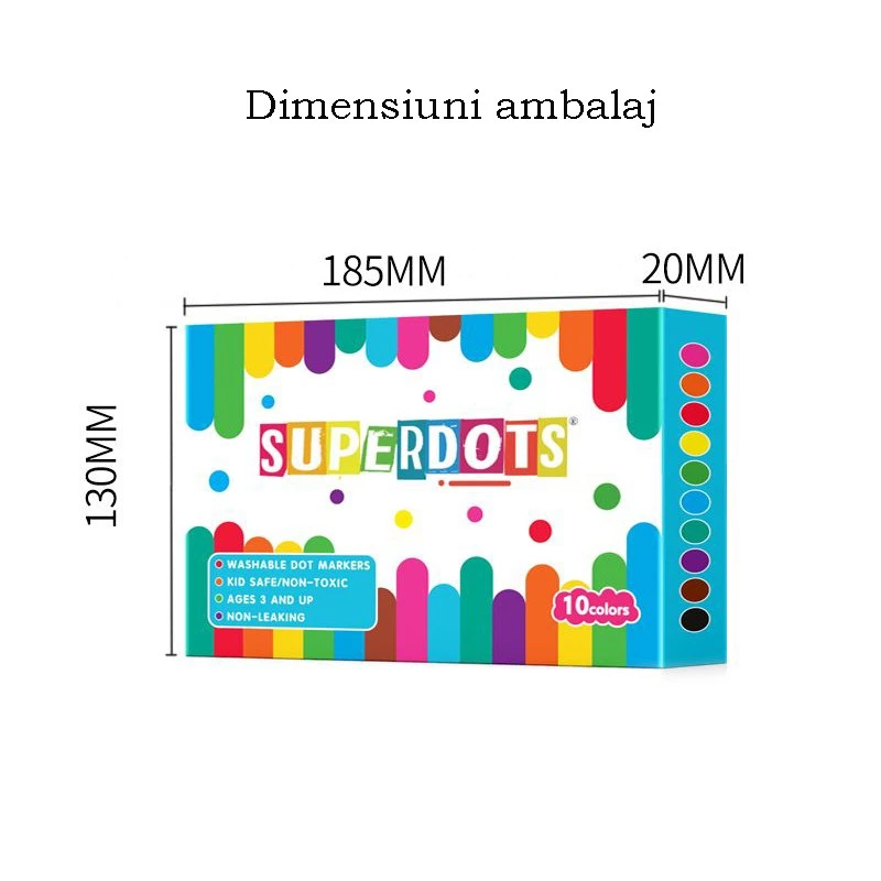 Set 10 carioci Dot Markers lavabile, 10 culori, vârf burete 1 cm (Procart)