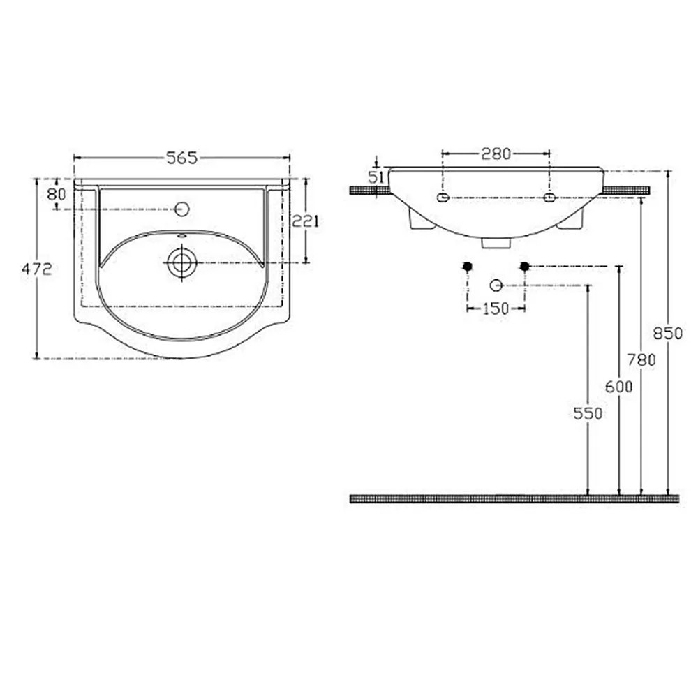 Lavoar ceramic cu aripi Leziter V55 55x42 cm, montaj pe perete, cu preaplin