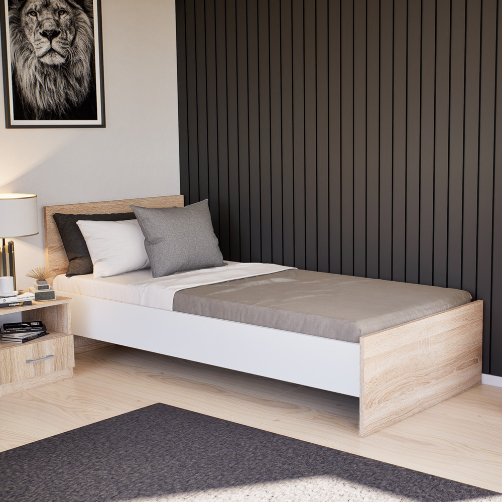 Pat single Leziter Miami 90x200 cm, stejar sonoma și alb, design modern