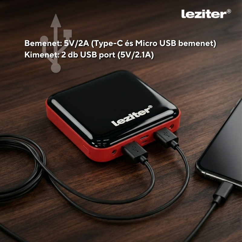Powerbank Leziter 10000 mAh 10W, 2x USB, afisaj LCD, negru