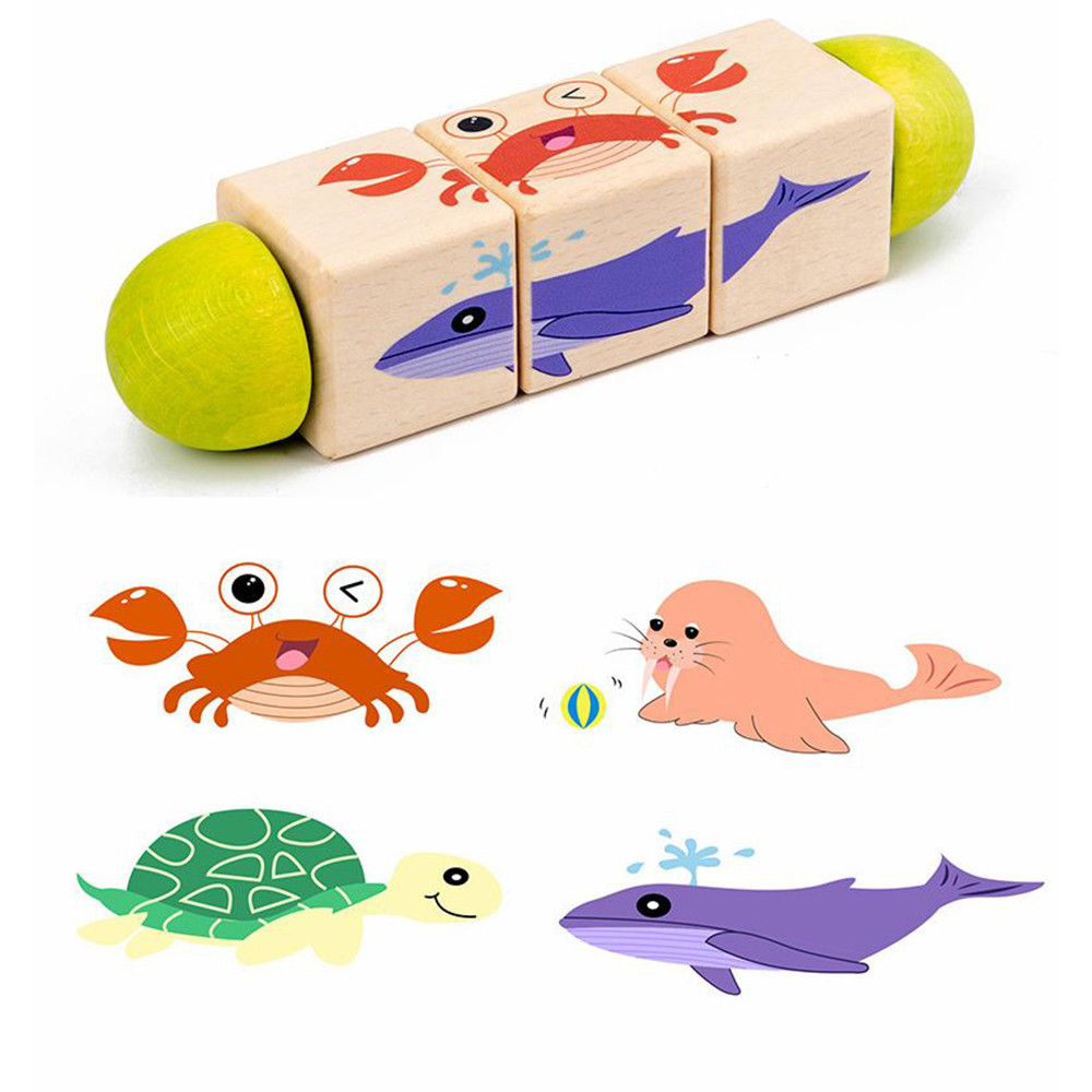 Puzzle cilindri Montessori din lemn Leziter Animal cu animale, mini cilindri rotativi