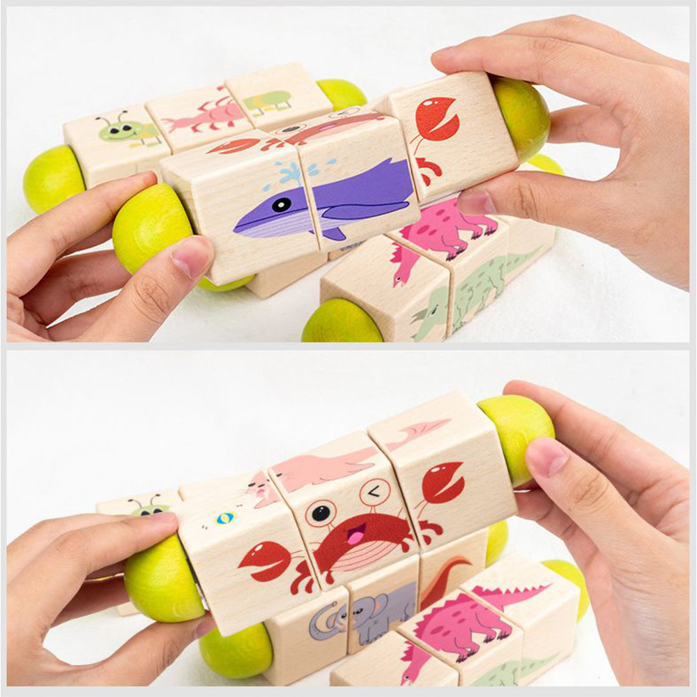 Puzzle cilindri Montessori din lemn Leziter Animal cu animale, mini cilindri rotativi