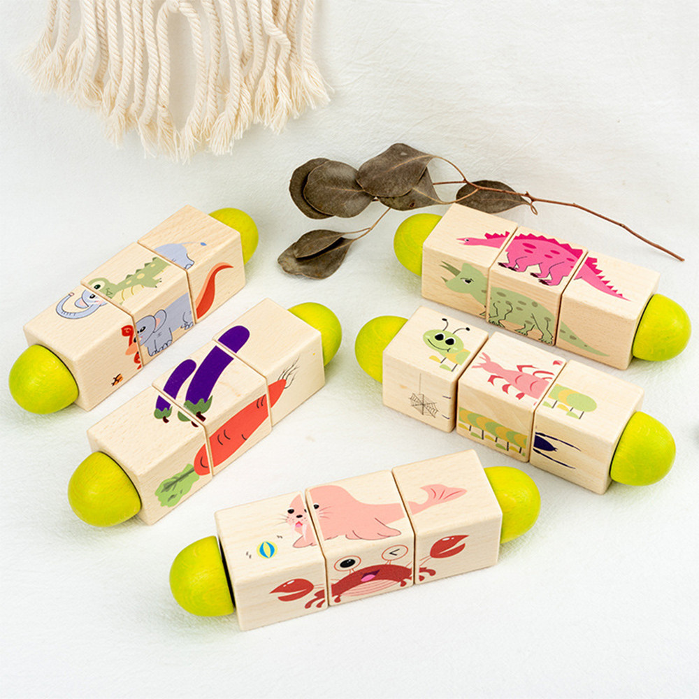 Puzzle cilindri Montessori din lemn Leziter Animal cu animale, mini cilindri rotativi