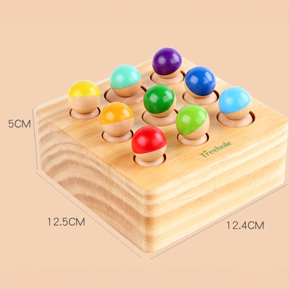 Leziter jucărie Montessori din lemn cu cilindri, bile colorate și suport