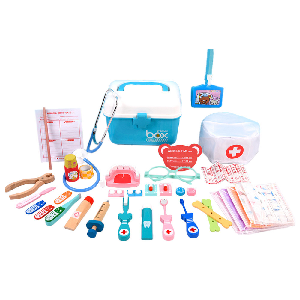 Set dentist din lemn Leziter, 38 accesorii realiste, albastru