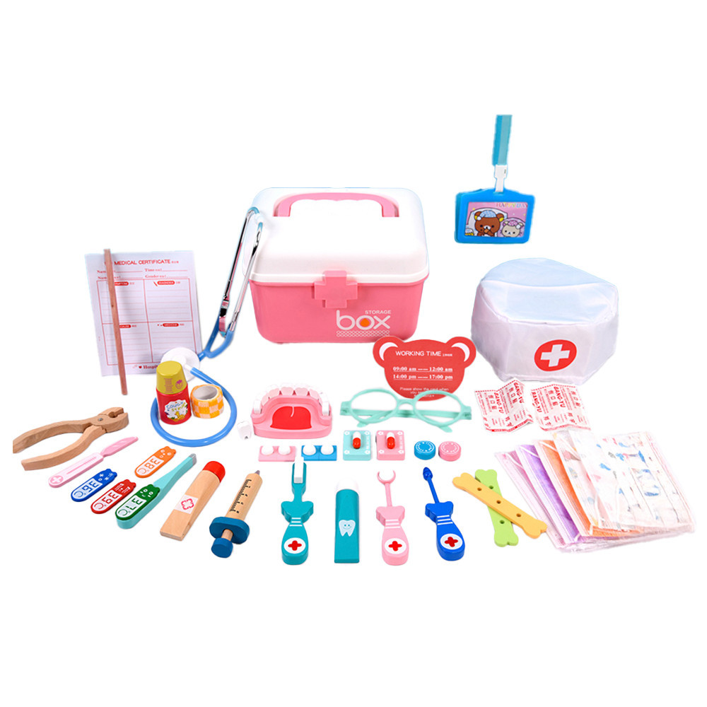 Set dentist din lemn Leziter cu 38 accesorii, roz, pentru joacă de rol