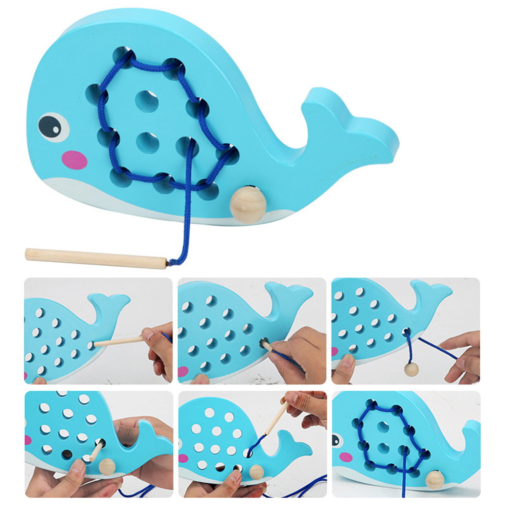 Leziter Jucărie din lemn cu șireturi balenă pentru îndemânare și motricitate fină